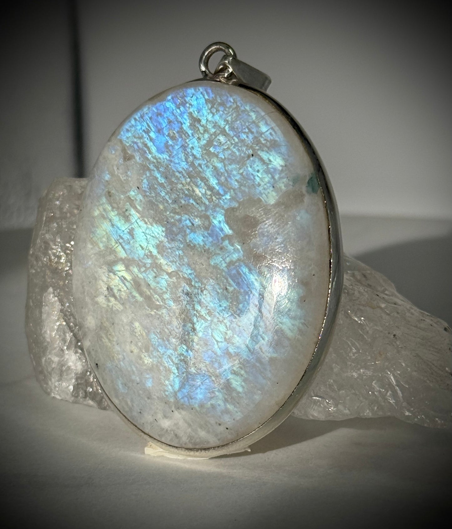 Amazing Blue Flash Moonstone Goddess Pendant in Sterling Silver