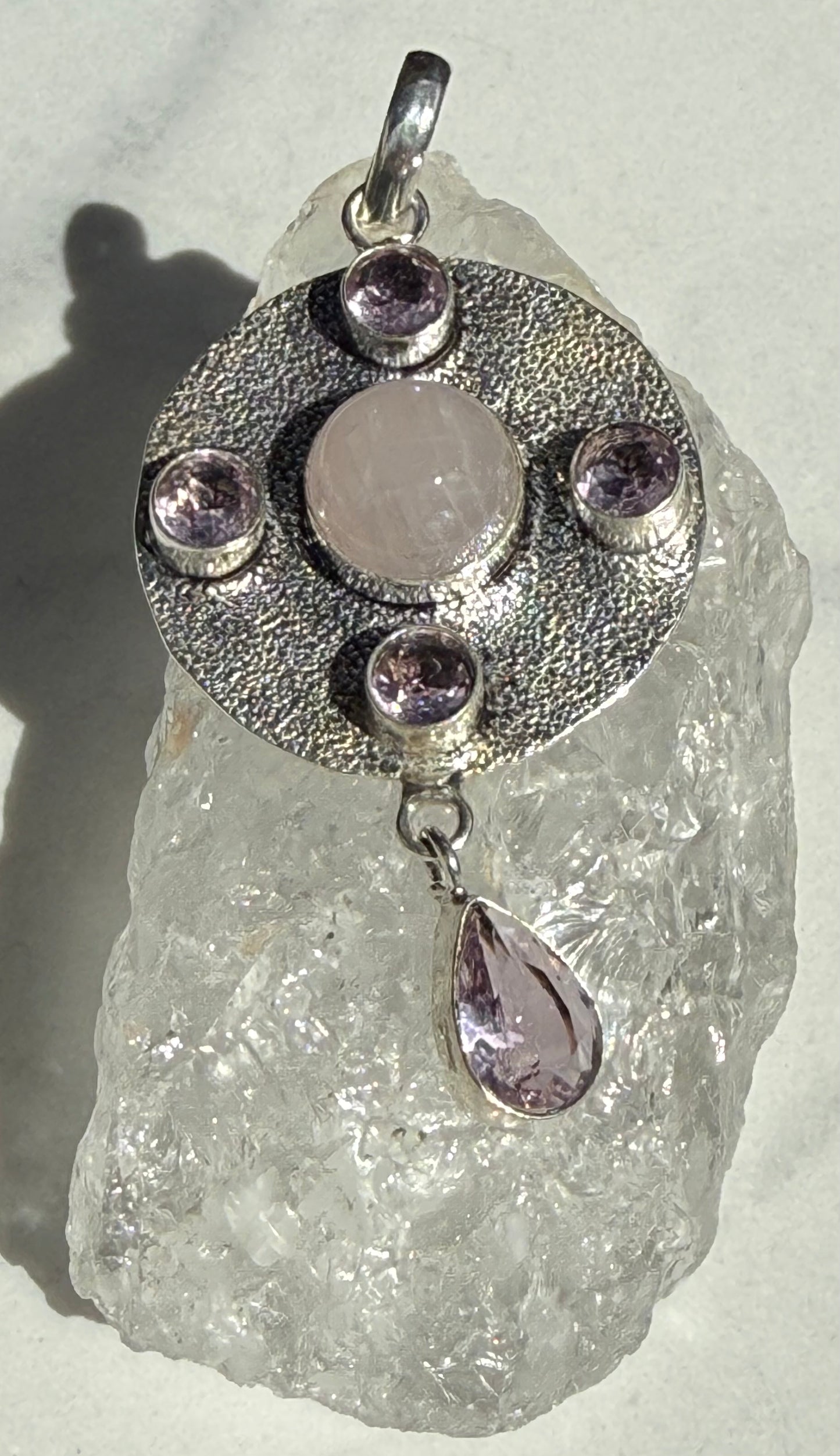 Eye Catching Rose Quartz and Pink Topaz Droplet Pendant Pendant in Silver