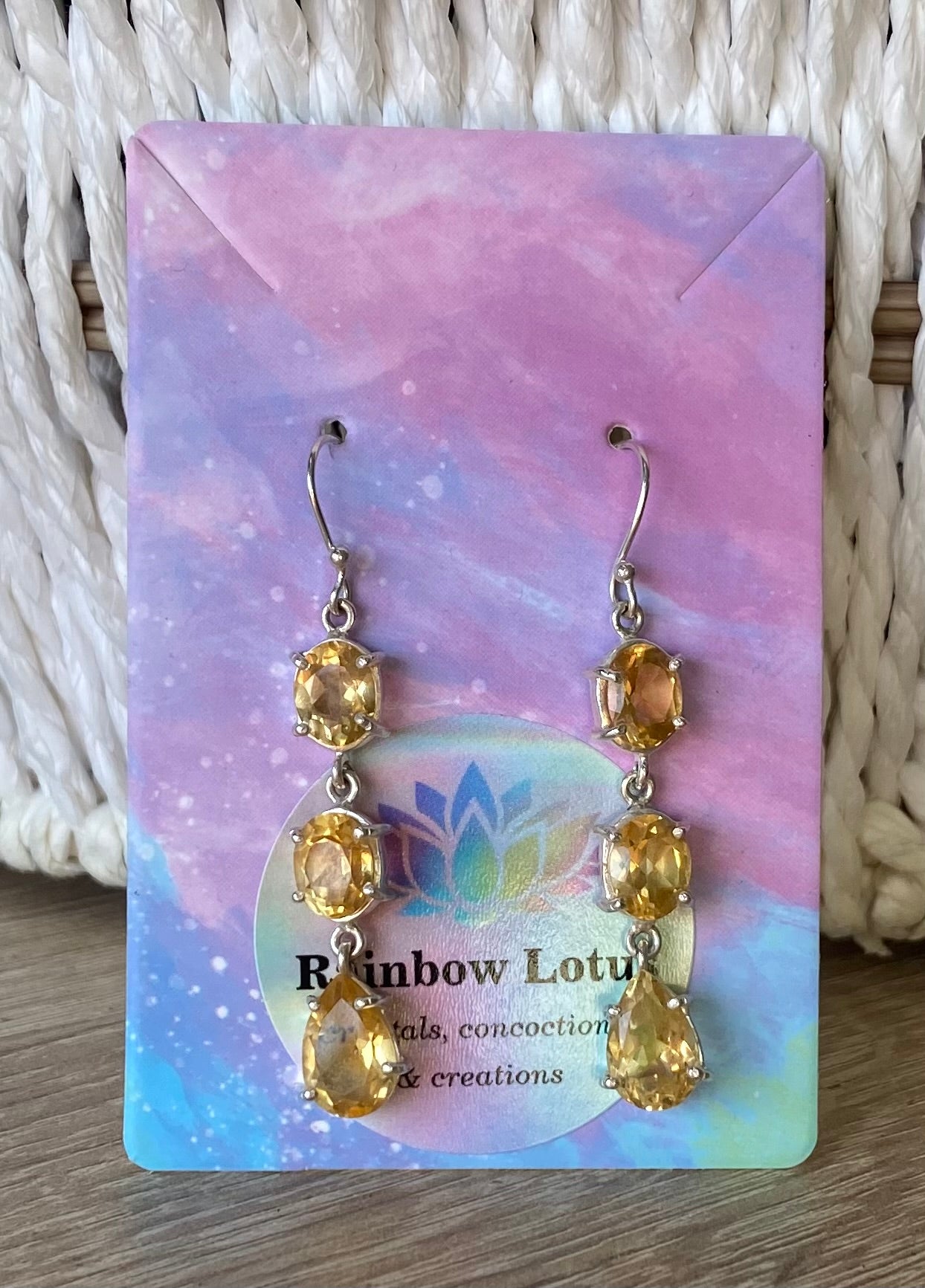 Golden Citrine Three Stone Drop Silver Earrings