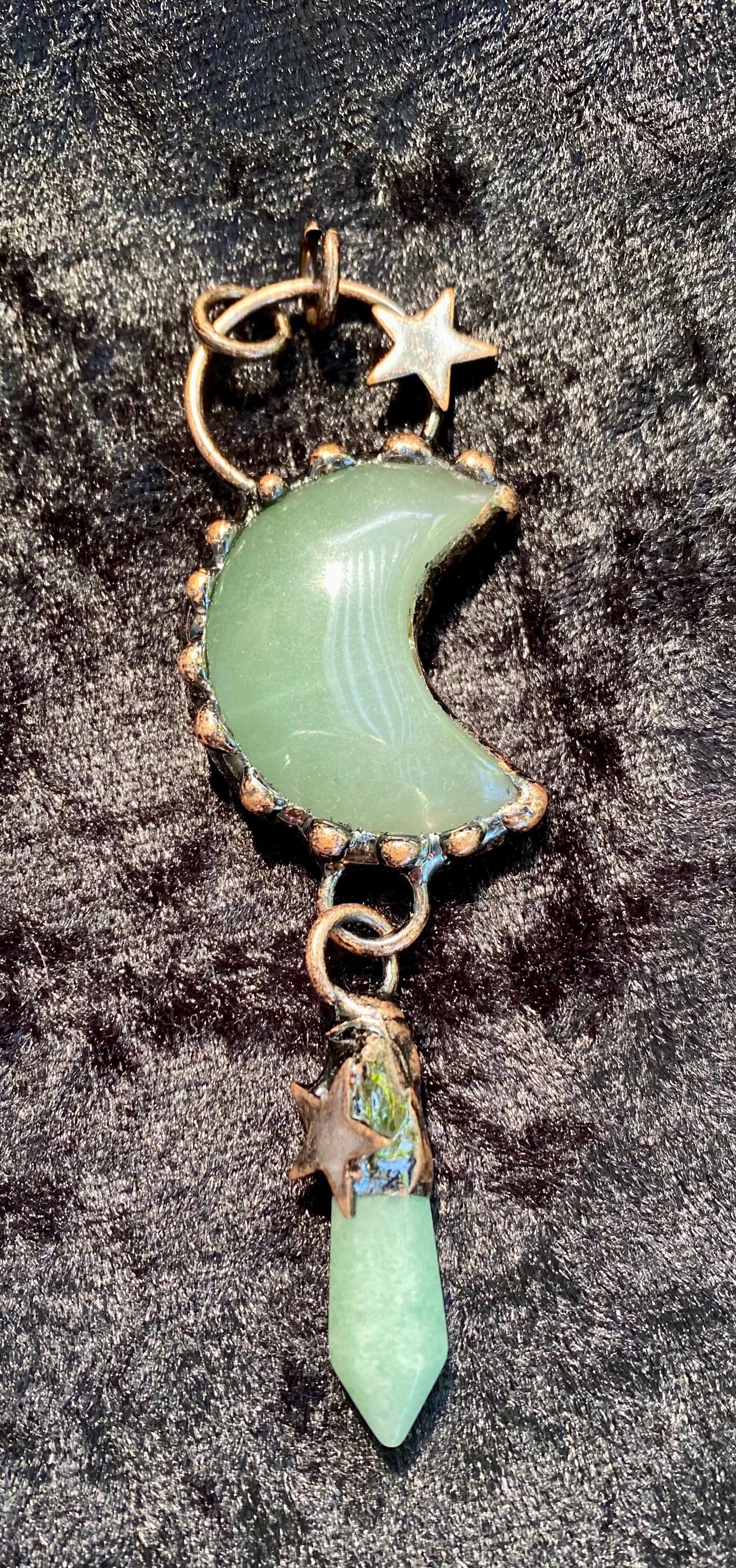 Mystical Handmade Green Quartz Crystal Celestial Pendant in Copper setting