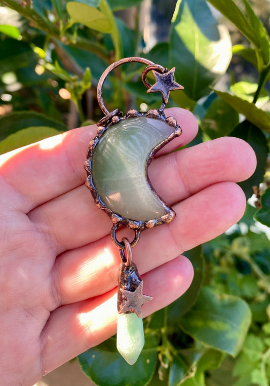 Mystical Handmade Green Quartz Crystal Celestial Pendant in Copper setting