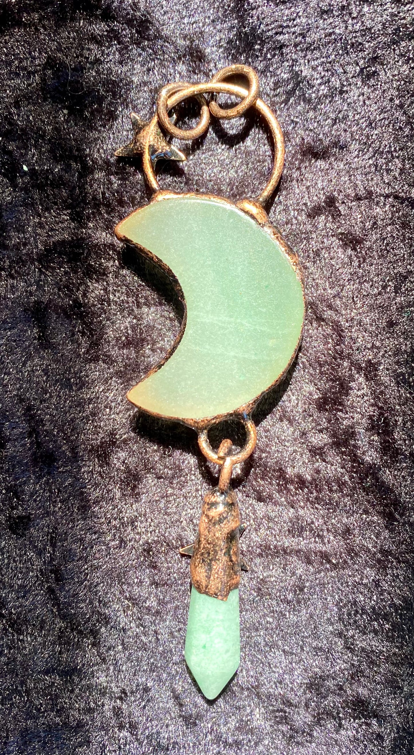 Mystical Handmade Green Quartz Crystal Celestial Pendant in Copper setting