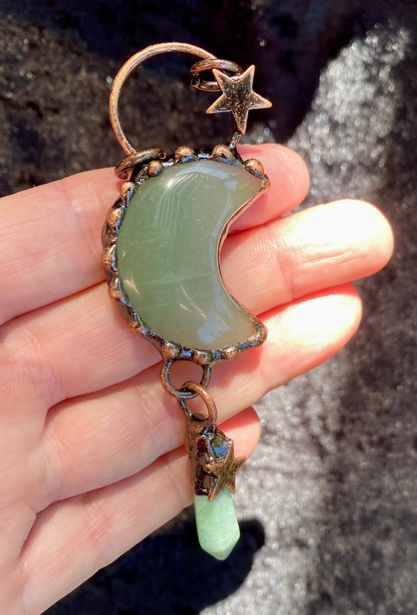 Mystical Handmade Green Quartz Crystal Celestial Pendant in Copper setting
