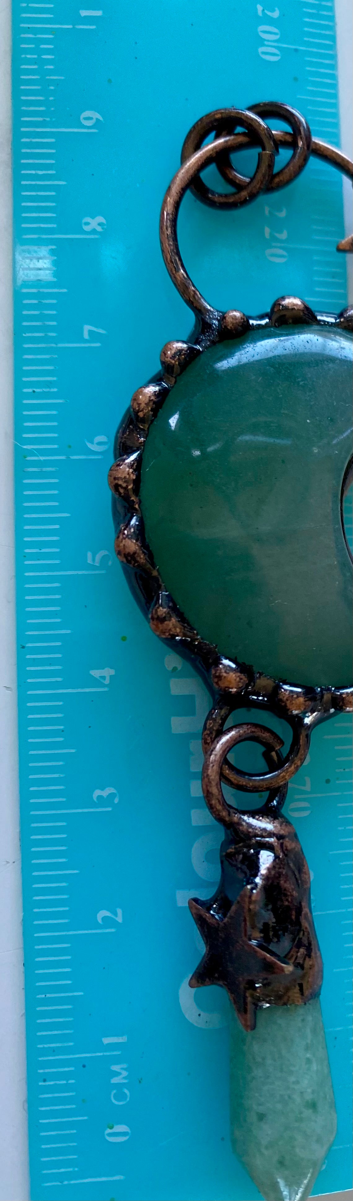 Mystical Handmade Green Quartz Crystal Celestial Pendant in Copper setting