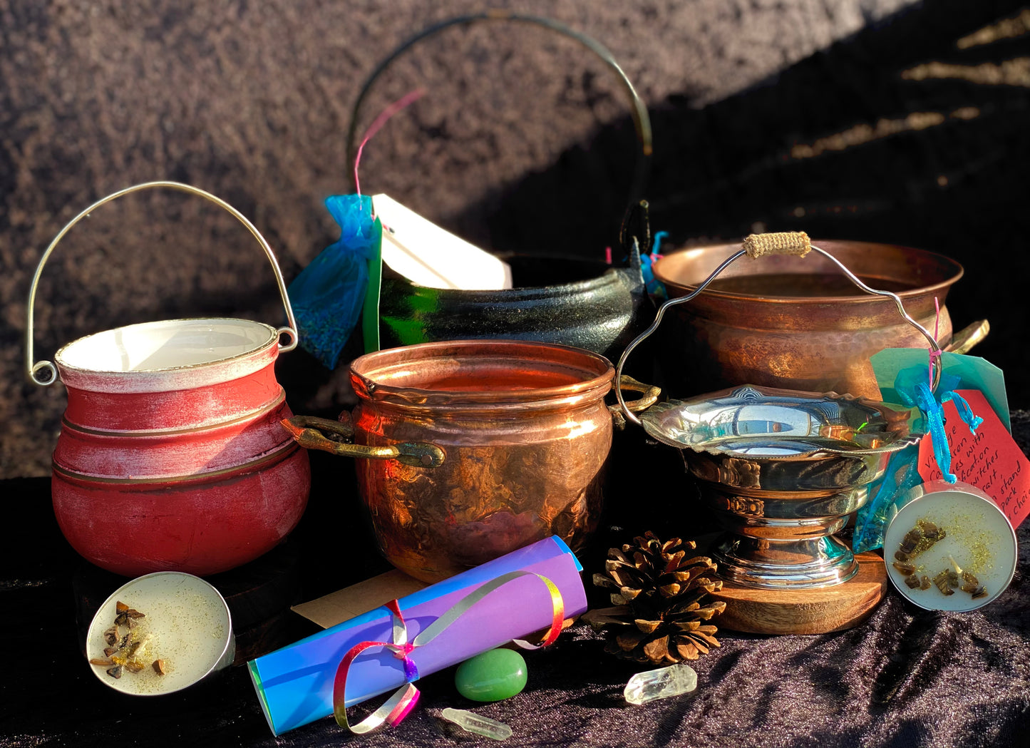 Vintage Small Ceramic Cauldron with Magickal Apothecary Ingredients and Tools