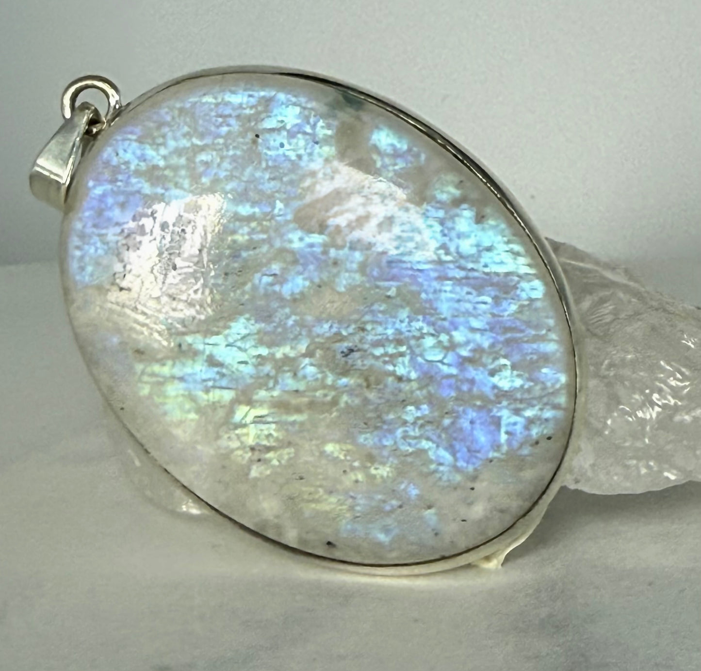 Amazing Blue Flash Moonstone Goddess Pendant in Sterling Silver