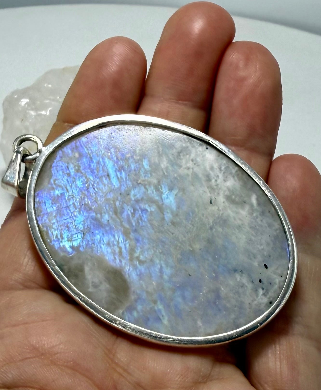 Amazing Blue Flash Moonstone Goddess Pendant in Sterling Silver
