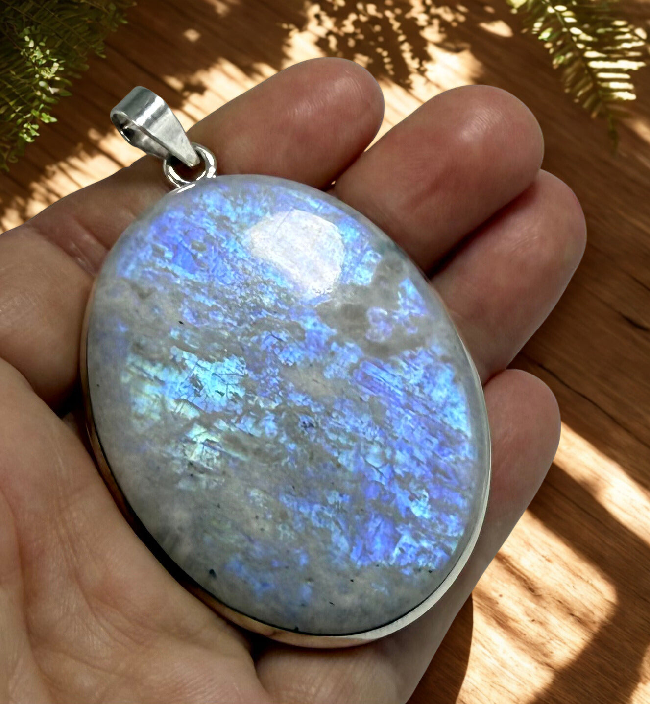 Amazing Blue Flash Moonstone Goddess Pendant in Sterling Silver
