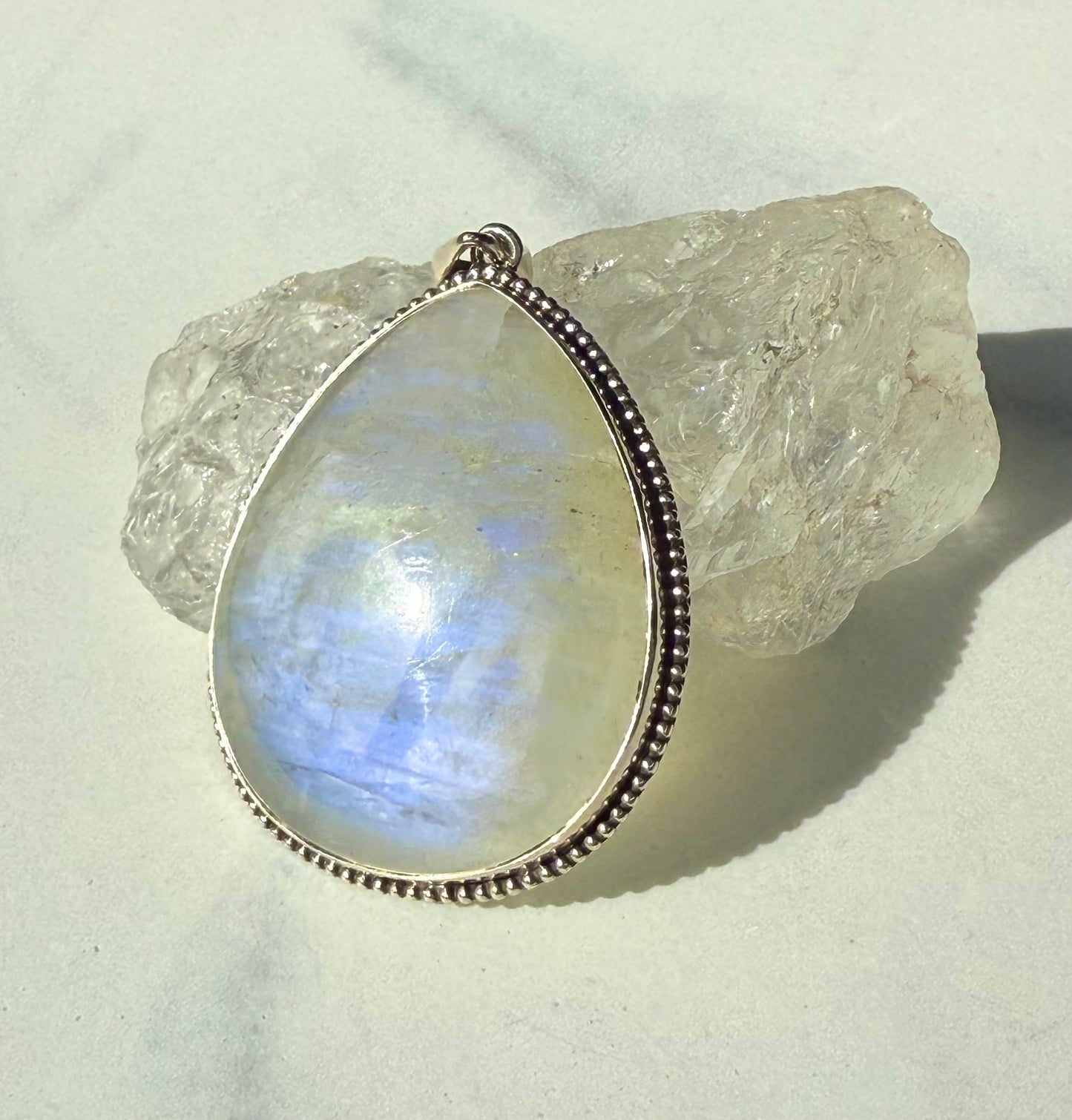 Large Moonstone Pendant with blue flash- Sterling Silver