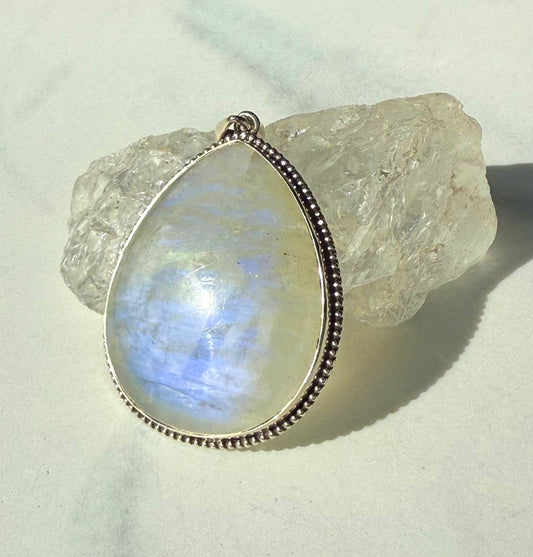 Large Moonstone Pendant with blue flash- Sterling Silver