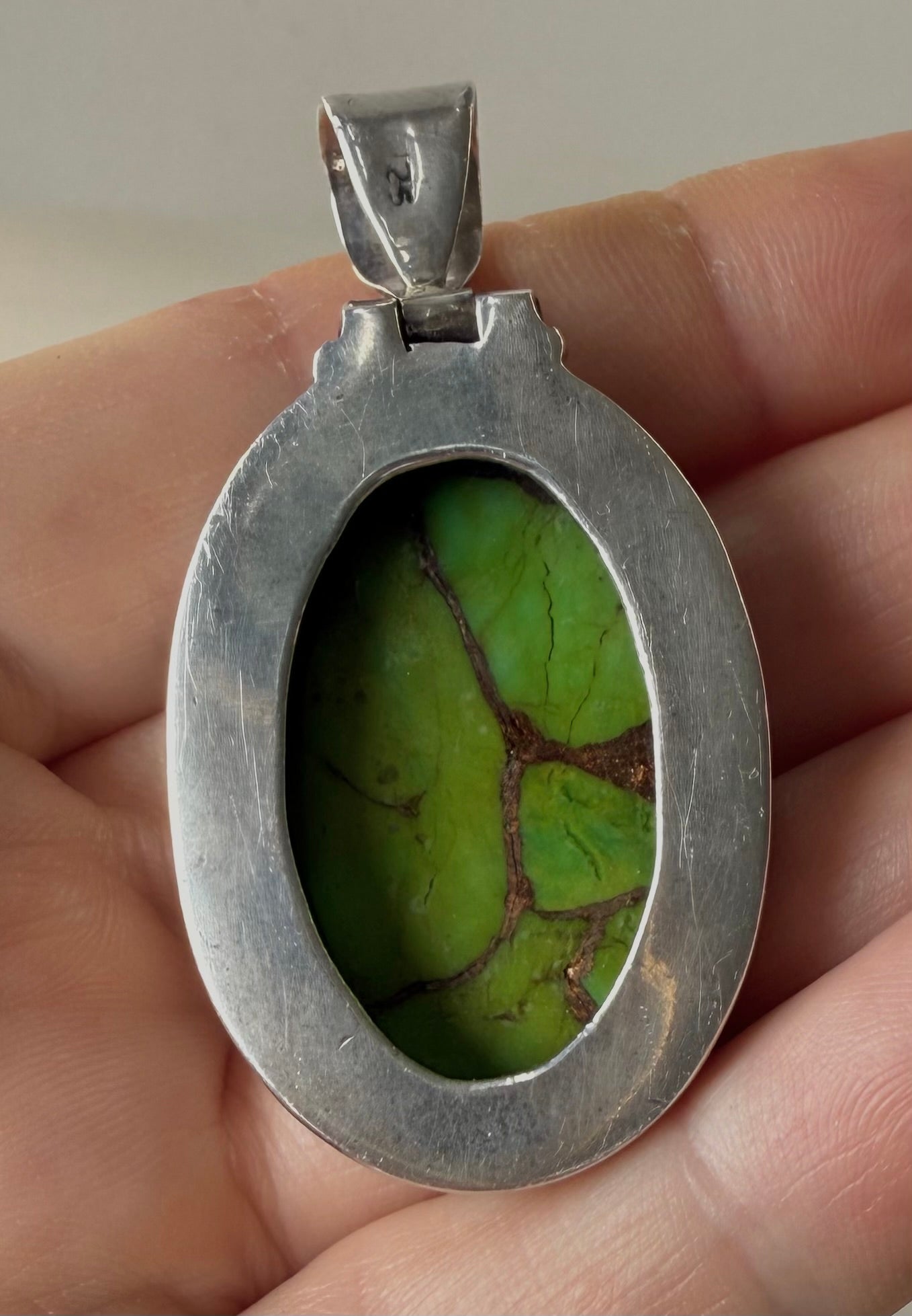 Vintage Green Turquoise & Copper Veins Pendant — 925 Sterling Silver