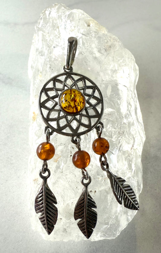 Delicate Amber Dream Catcher Pendant