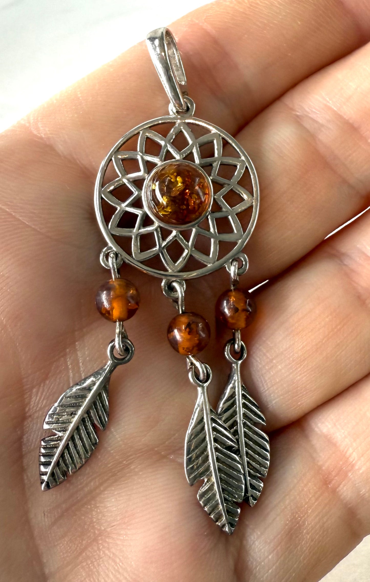 Delicate Amber Dream Catcher Pendant