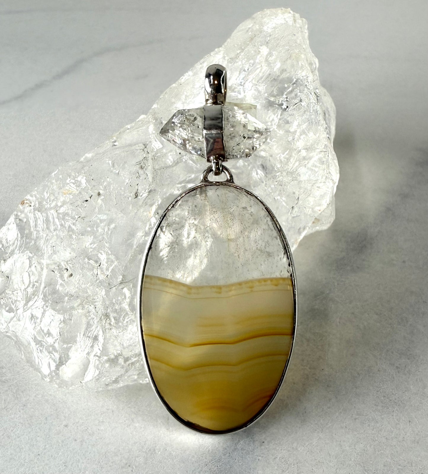 Unique Rainbow Agate and Herkimer Diamond Pendant - hand made in Sterling SIlver