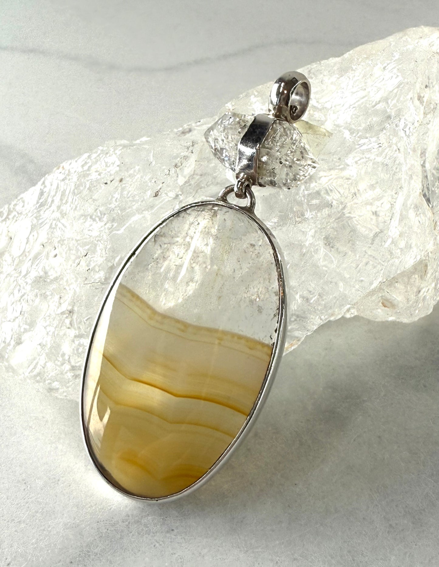 Unique Rainbow Agate and Herkimer Diamond Pendant - hand made in Sterling SIlver