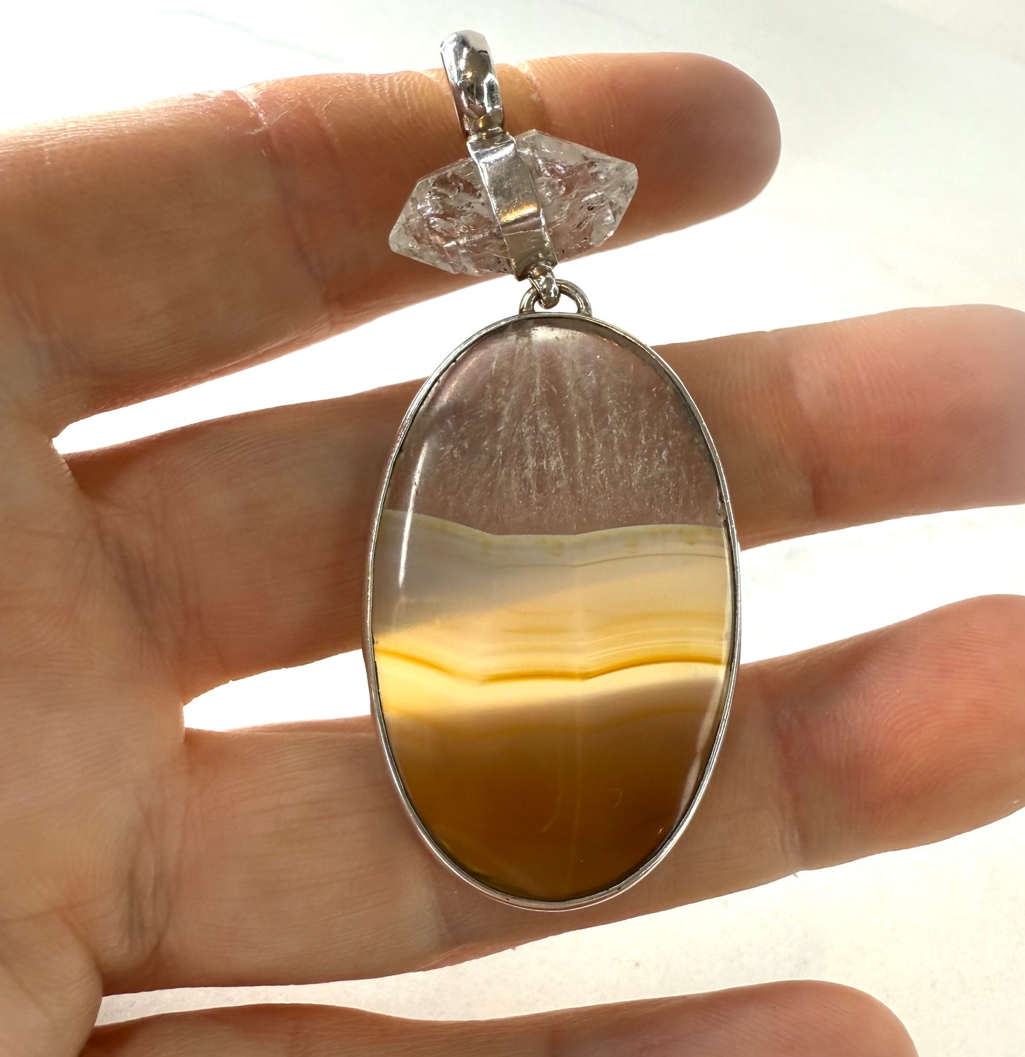Unique Rainbow Agate and Herkimer Diamond Pendant - hand made in Sterling SIlver