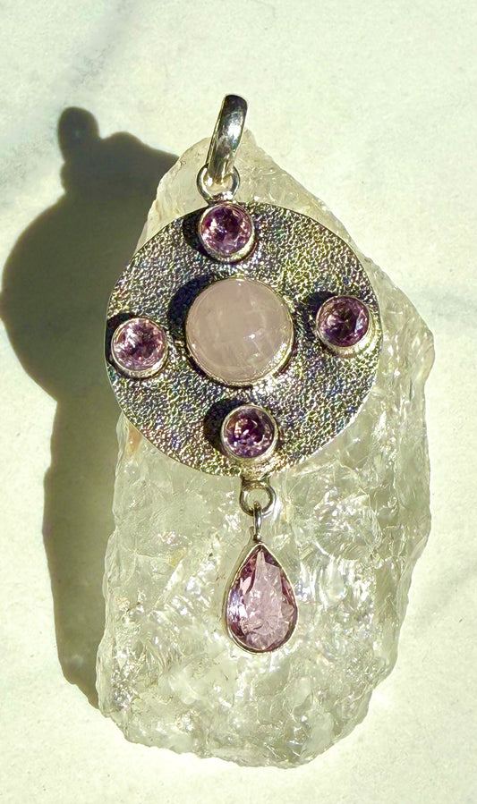 Eye Catching Rose Quartz and Pink Topaz Droplet Pendant Pendant in Silver