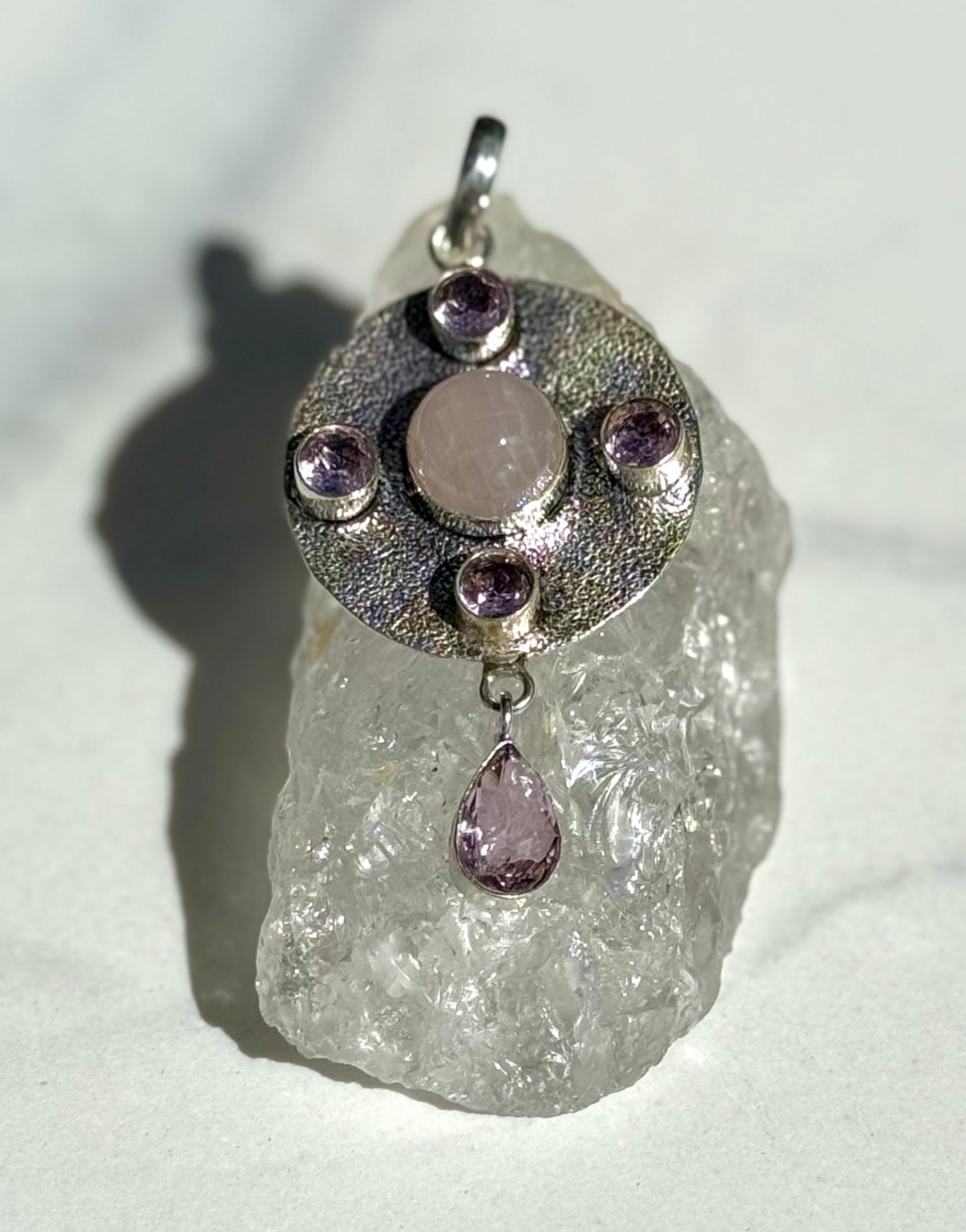 Eye Catching Rose Quartz and Pink Topaz Droplet Pendant Pendant in Silver