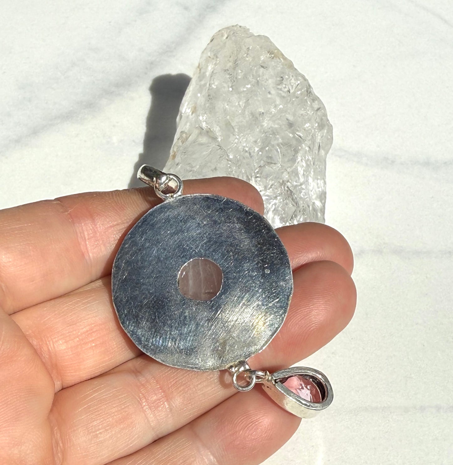 Eye Catching Rose Quartz and Pink Topaz Droplet Pendant Pendant in Silver