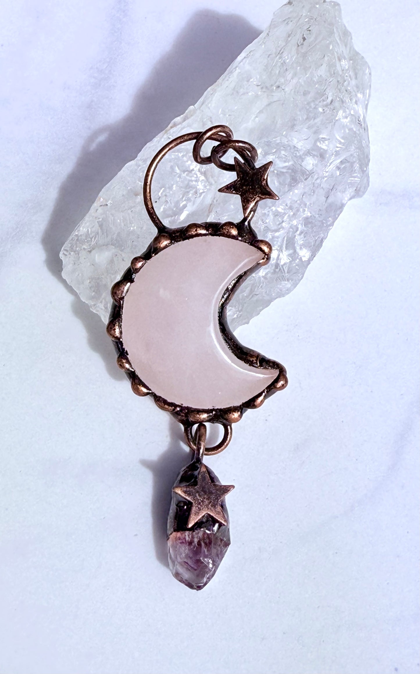 Mystical Handmade  Rose and Amethyst Crystal Celestial Pendant in Copper setting (Copy)