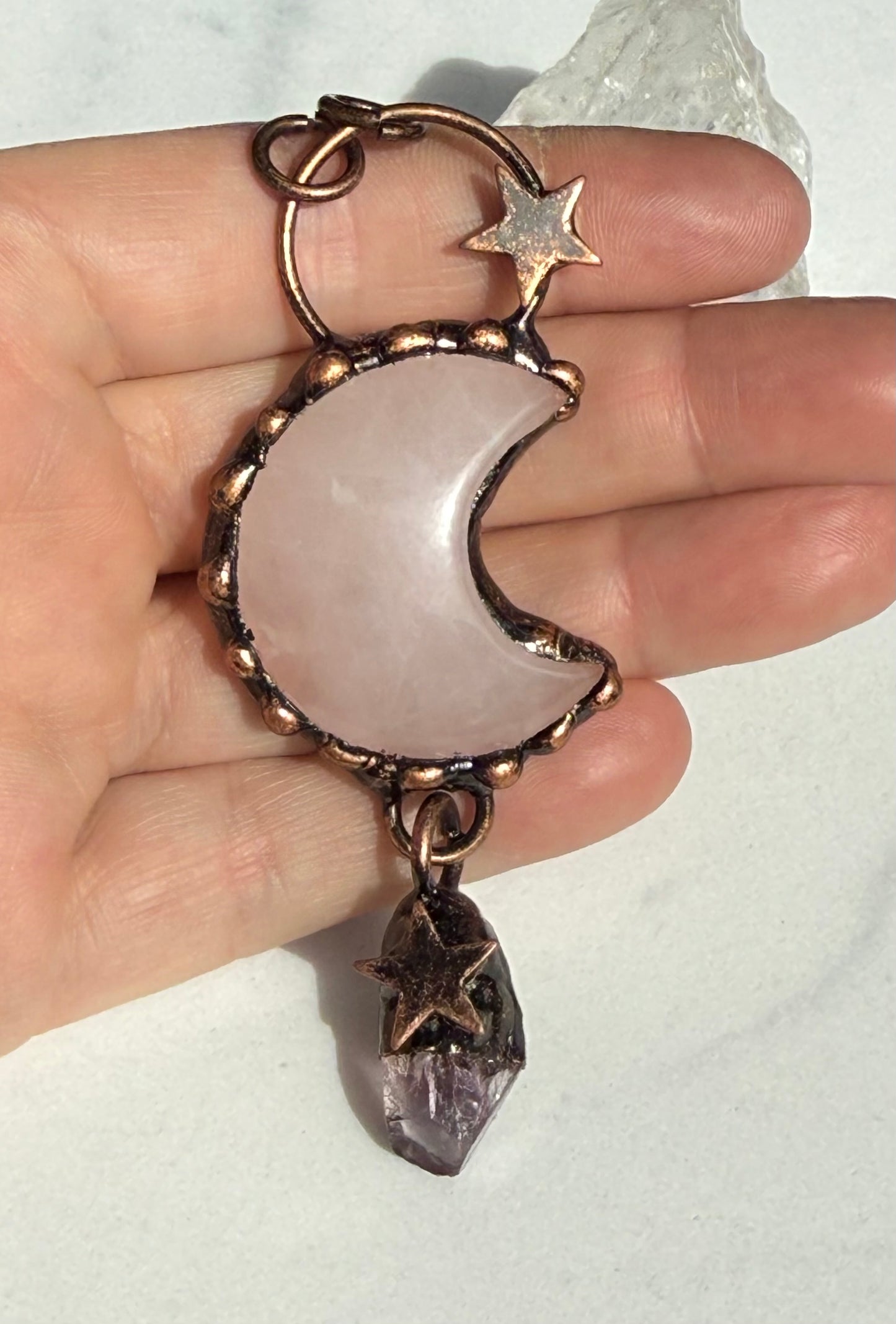 Mystical Handmade  Rose and Amethyst Crystal Celestial Pendant in Copper setting (Copy)