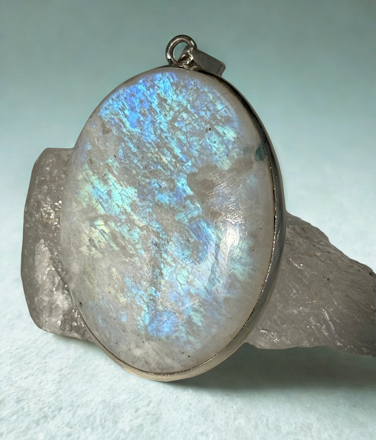 Amazing Blue Flash Moonstone Goddess Pendant in Sterling Silver