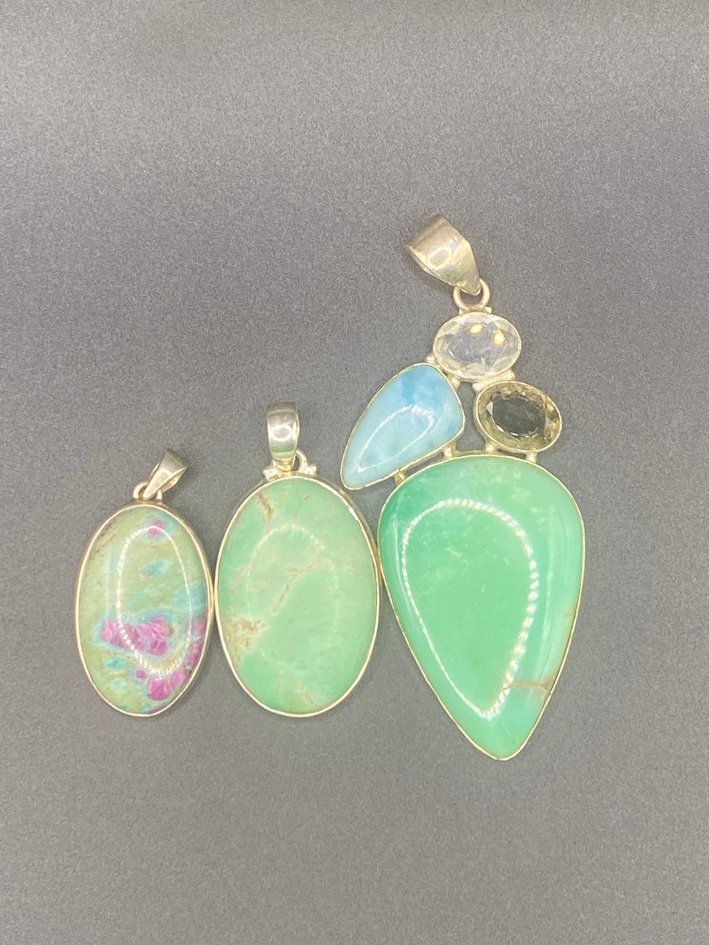 Gorgeous Large Green Variscite, Smokey Quartz, Larimar and Clear Quartz Pendant with Sterling Silver setting